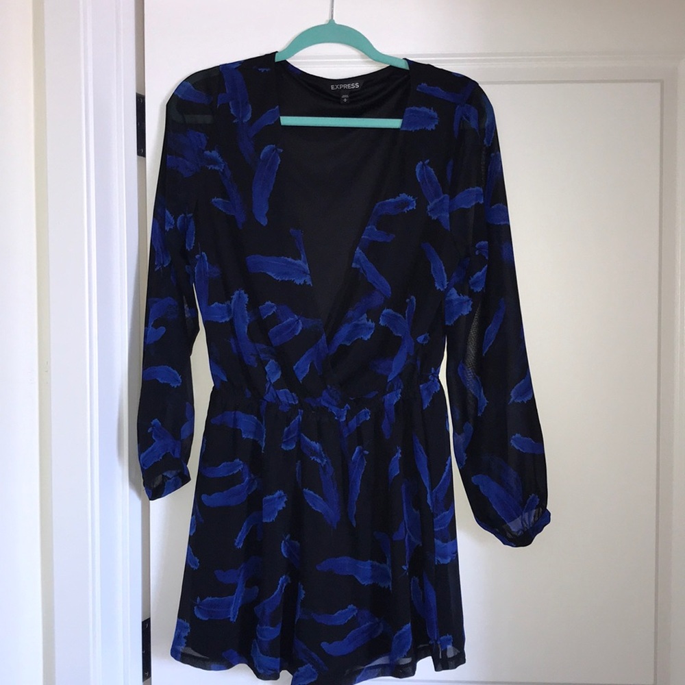 Express Blue Feather Print Long Sleeve Romper